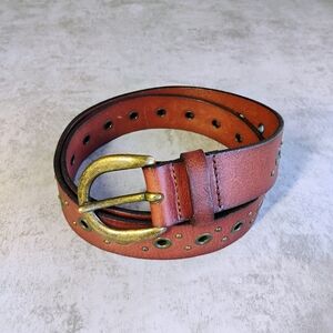 Fossil Vintage Style Studded Leather Belt Tan Brown Grommets Brass Buckle Large